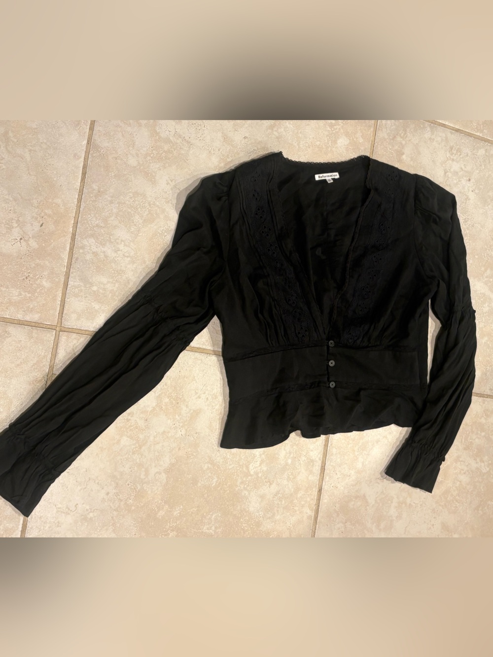 Reformation Juni Black Eyelet Embroidered Blouse Size 10